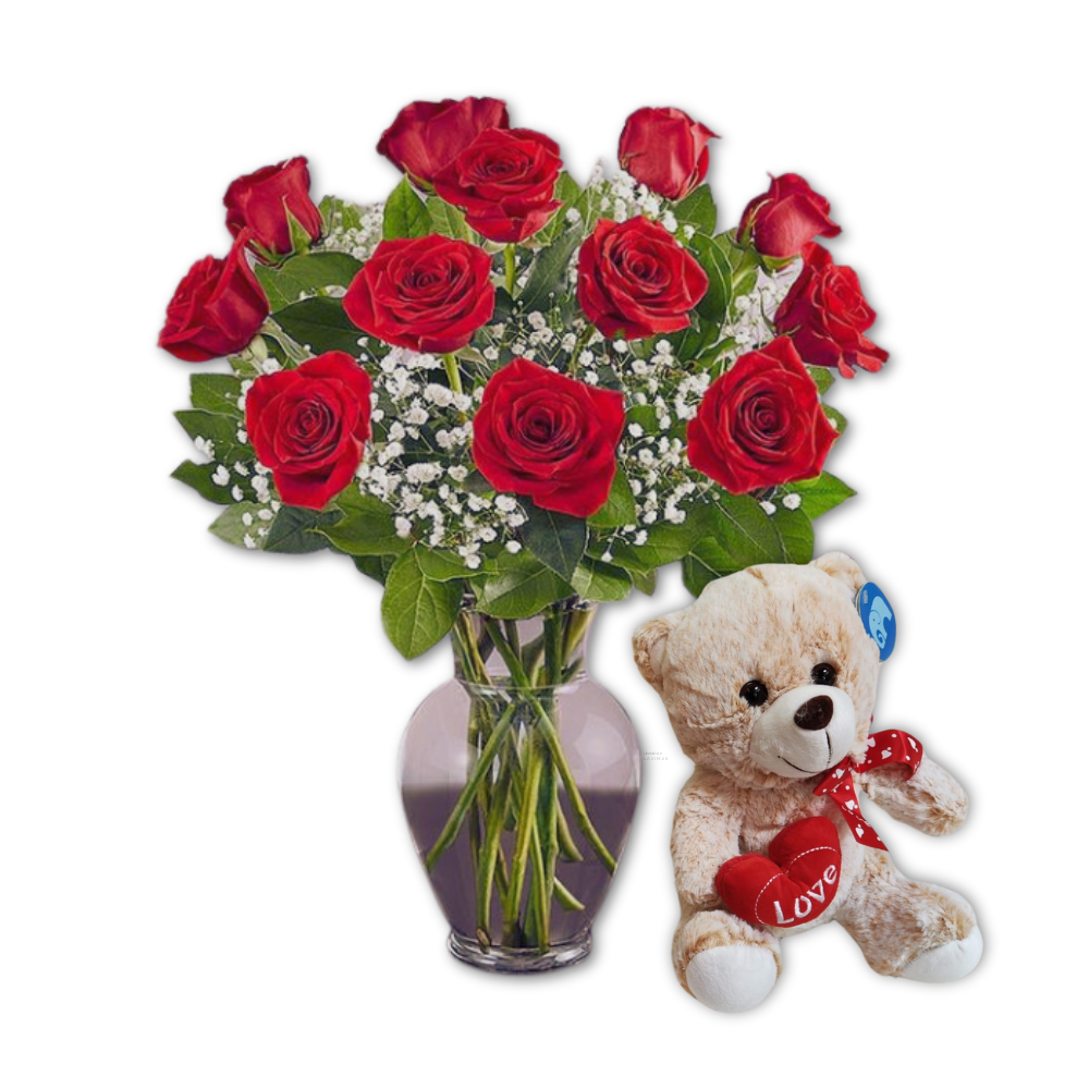 Ramo de 12 rosas rojas y peluche San Valentín Entrega a