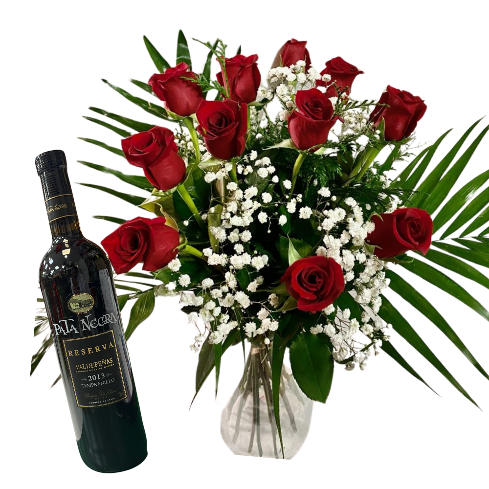 Ramo de 12 rosas rojas y vino tinto