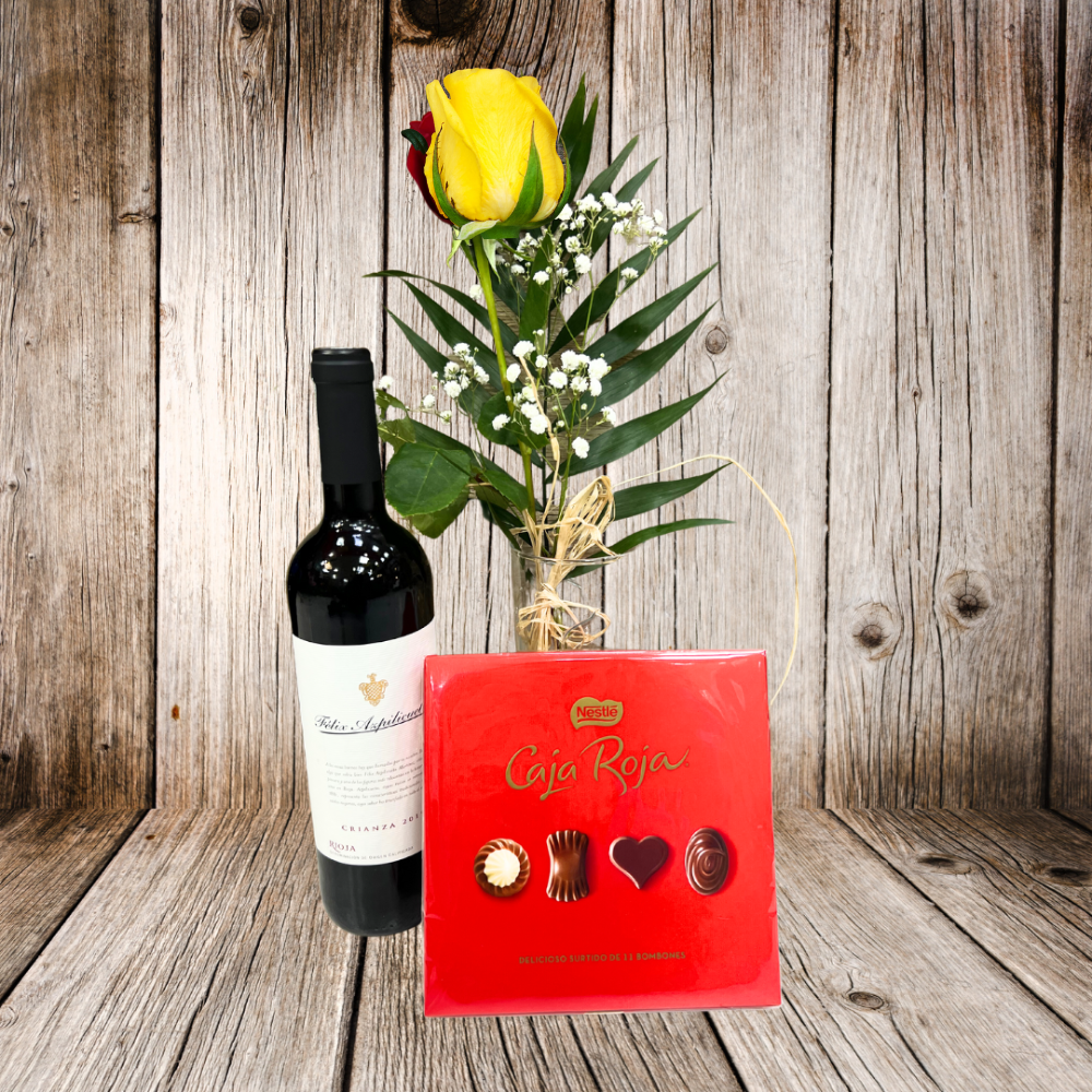 Pack Floricienta 3: Rosa amarilla + Vino Tinto + Bombones