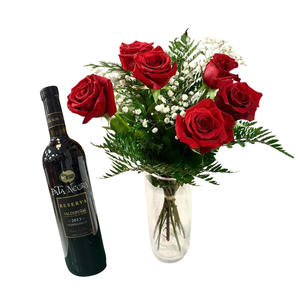 Ramo de 6 rosas rojas y vino tinto