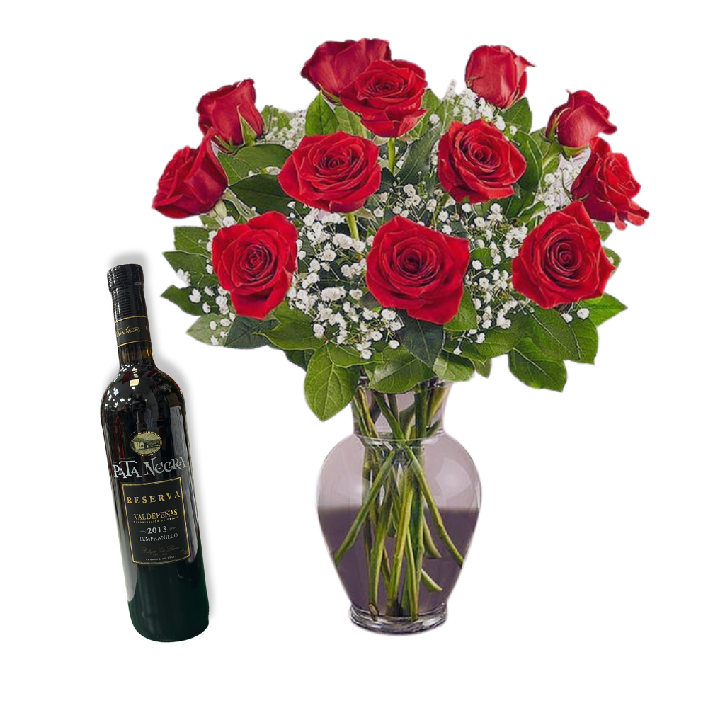 Ramo de 12 rosas rojas y vino tinto