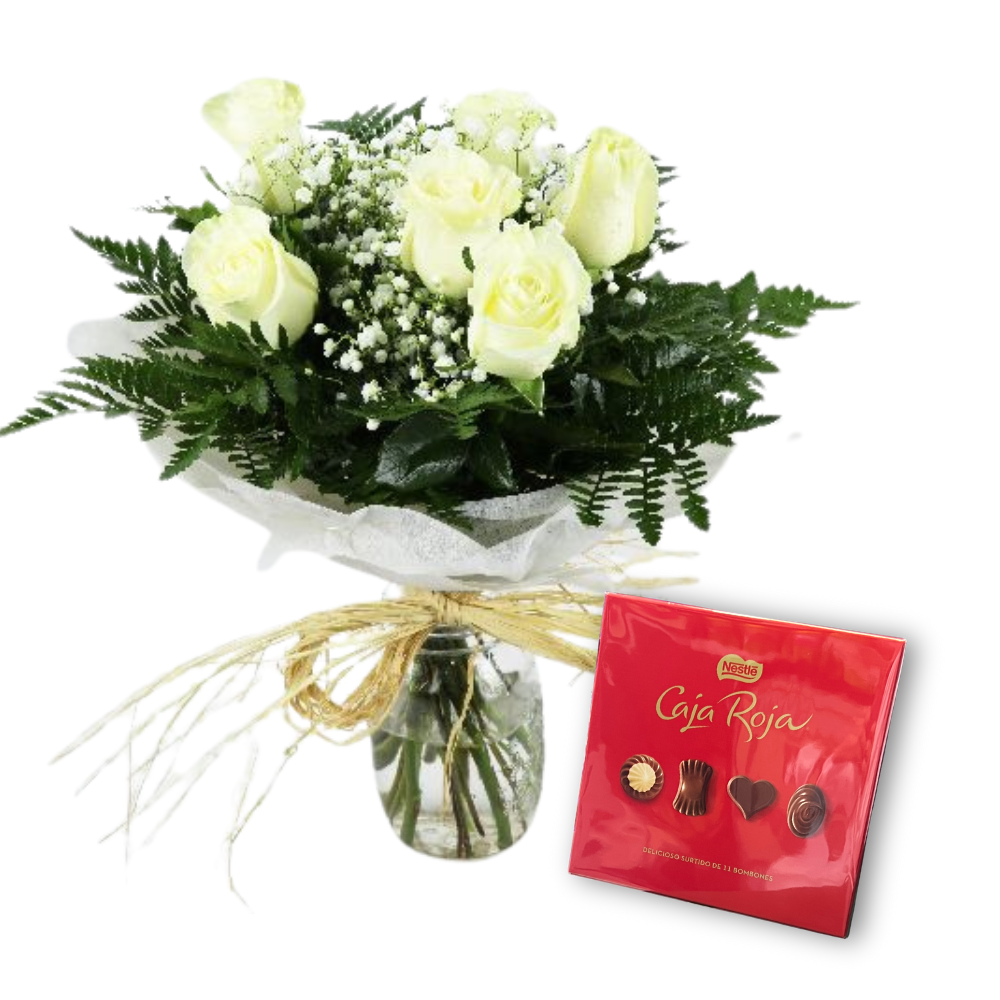 Ramo de 6 rosas blancas y chocolate