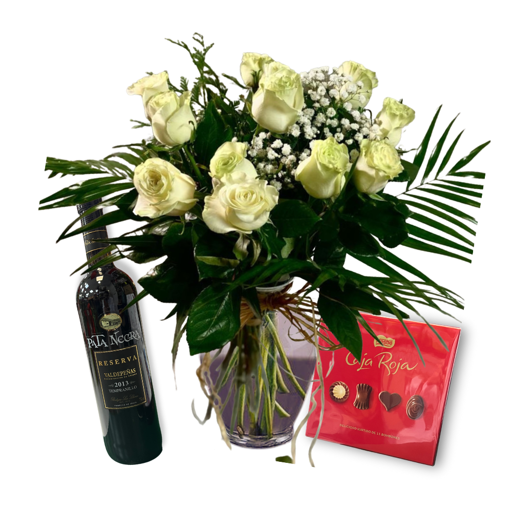 Ramo de 12 rosas blancas con vino tinto y chocolate Caja Roja