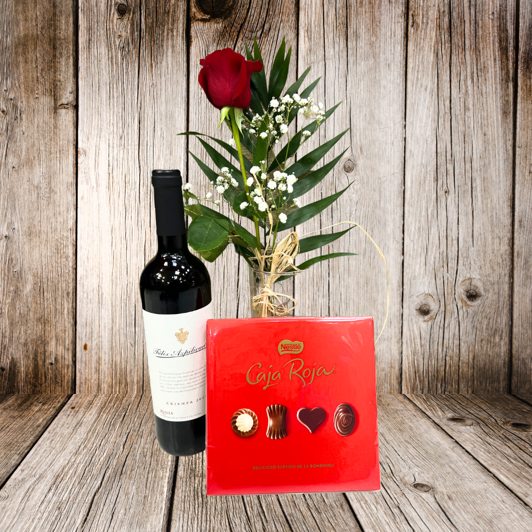 Pack Amor | Rosa Roja Unidad + Vino tinto + Bombones