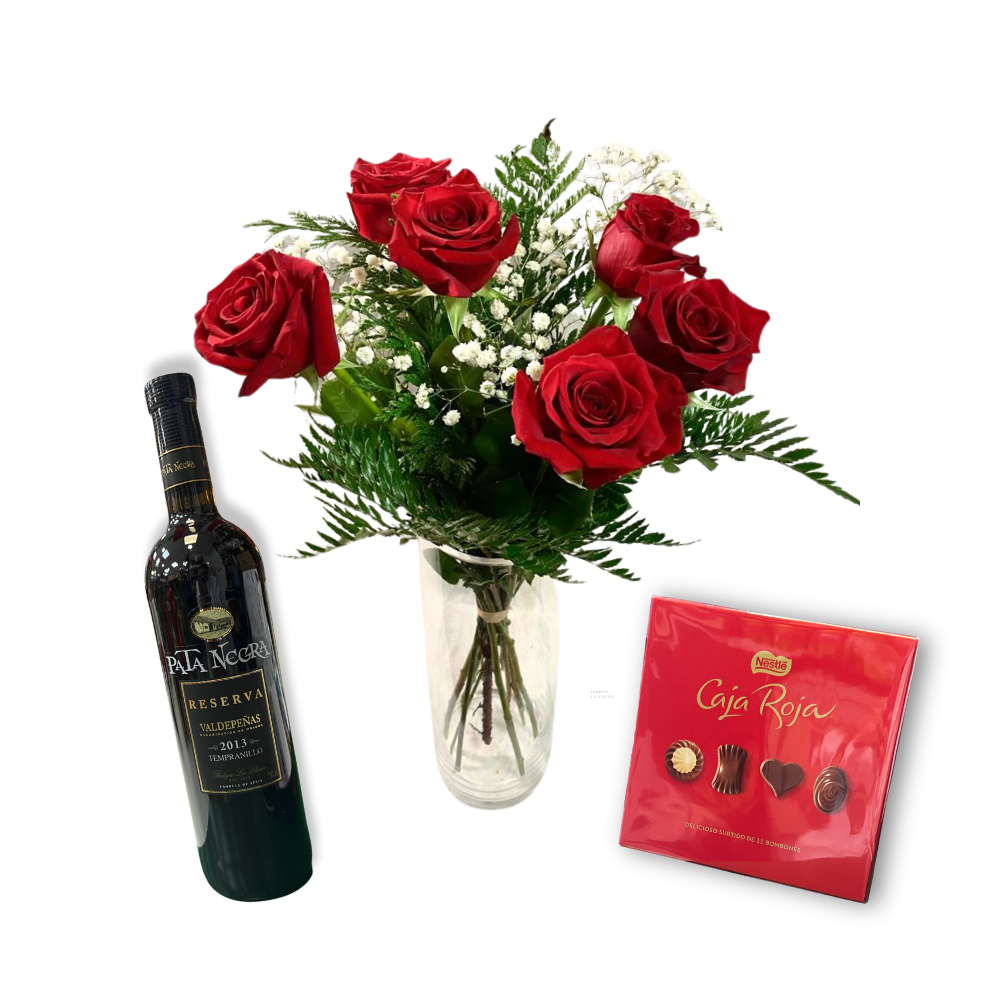 Ramo de 6 rosas rojas con vino tinto y chocolate Caja Roja